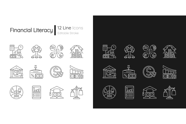 Financial literacy linear icons set for dark and light mode