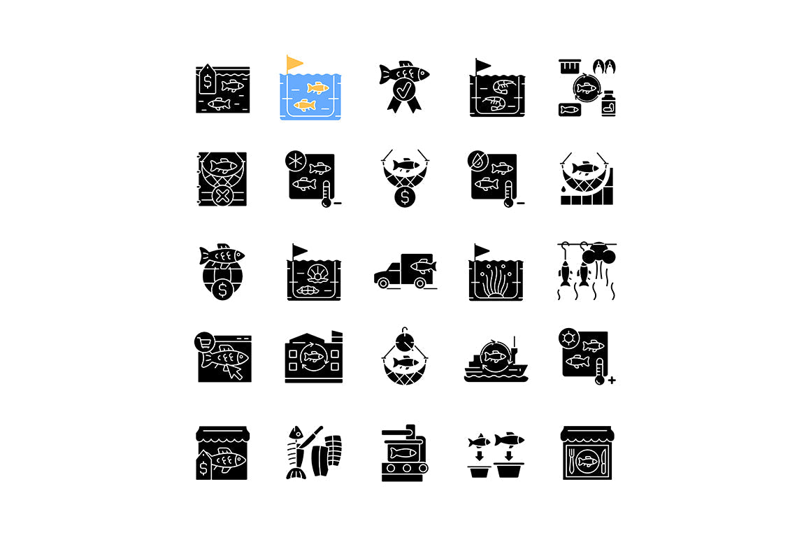 Fishing industry black glyph icons set on white space