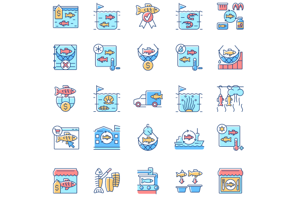 Fishing industry RGB color icons set