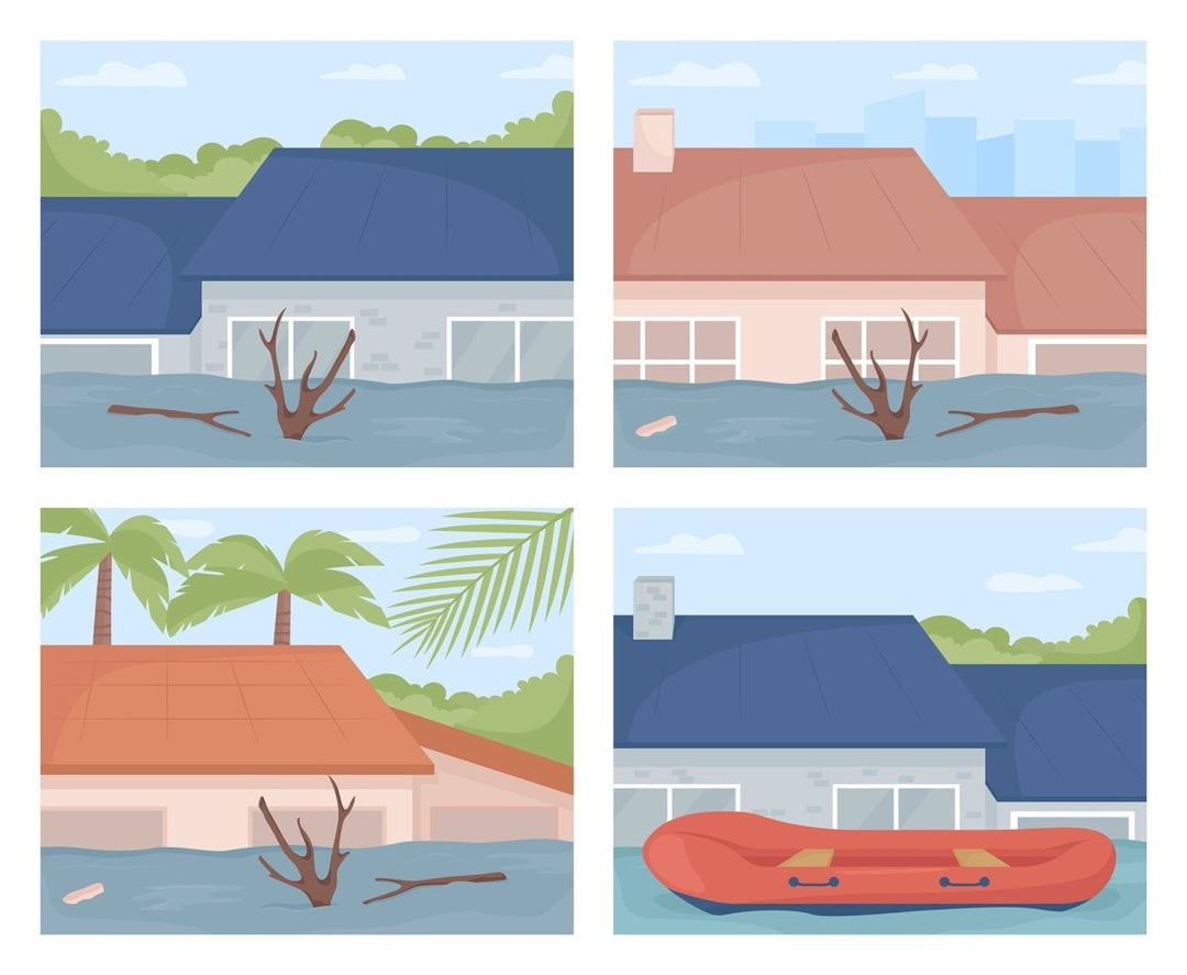 Flooding in urban areas flat color vector illustrations set