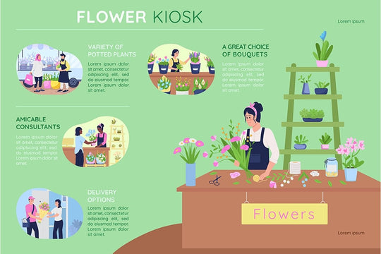 Flower kiosk flat color vector templates set