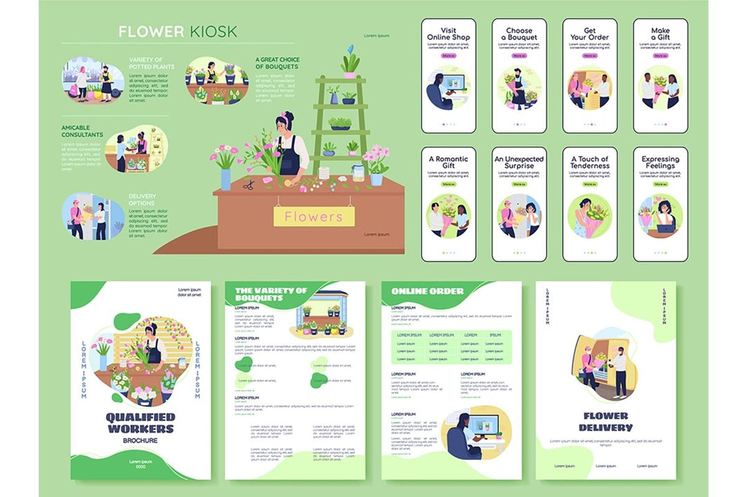 Flower kiosk flat color vector templates set
