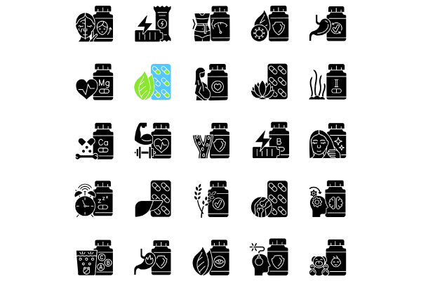 Food supplements black glyph icons set