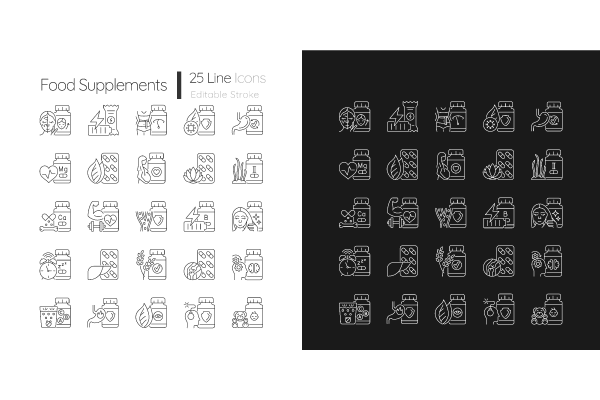 Food supplements linear icons set for dark and light mode