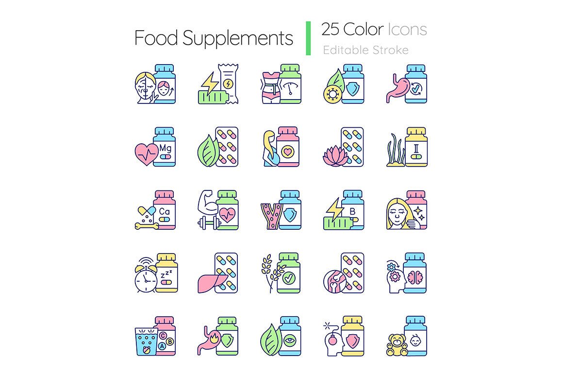 Food supplements RGB color icons set