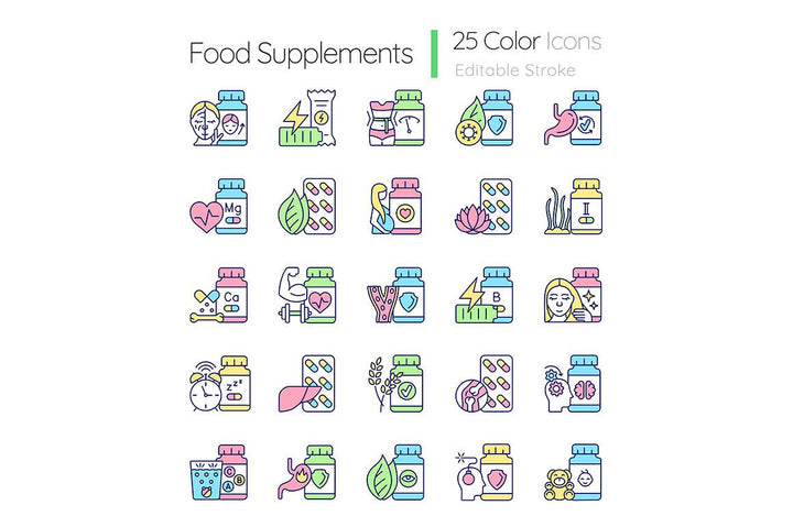 Food supplements RGB color icons set