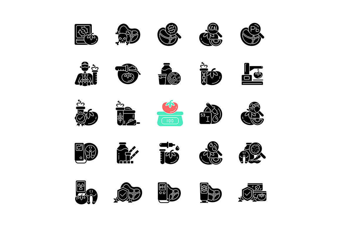 Food testing black glyph icons set on white space
