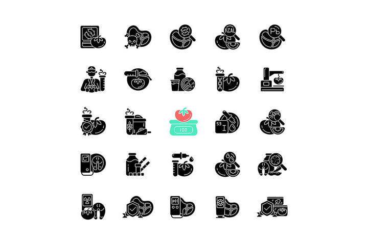 Food testing black glyph icons set on white space