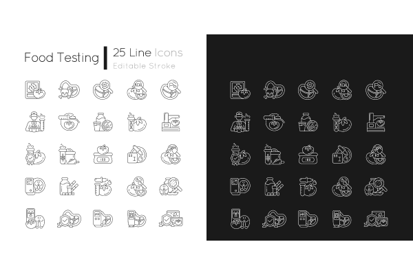 Food testing linear icons set for dark and light mode