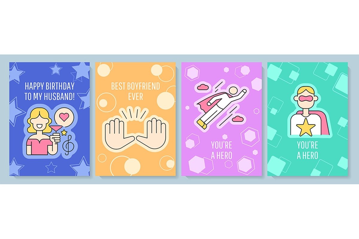 For him greeting card with color icon element set