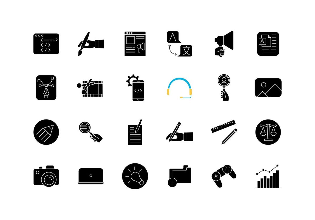 Freelance professions elements black glyph icons set on white space