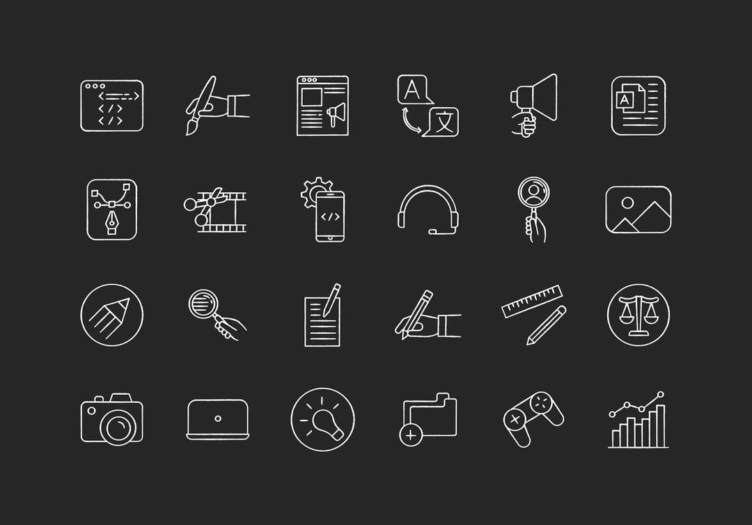 Freelance professions elements chalk white icons set on black background
