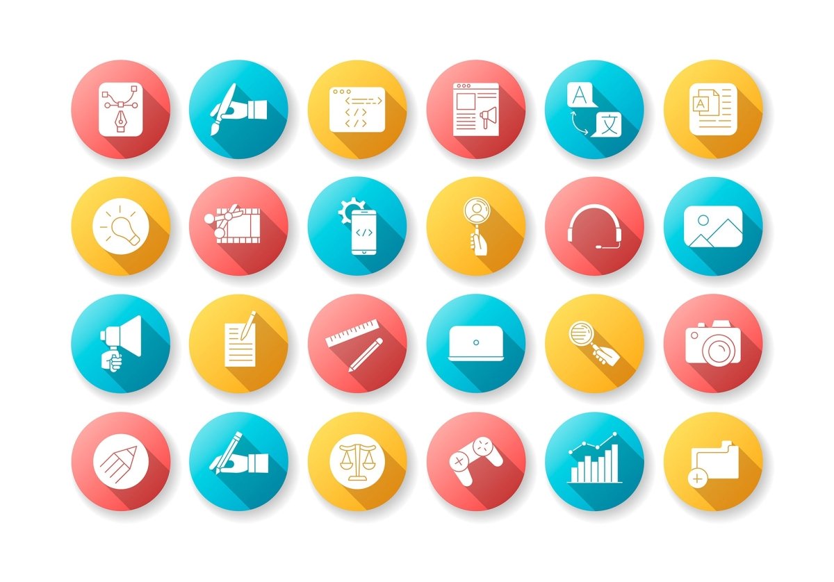 Freelance professions elements flat design long shadow glyph icons set