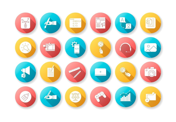 Freelance professions elements flat design long shadow glyph icons set
