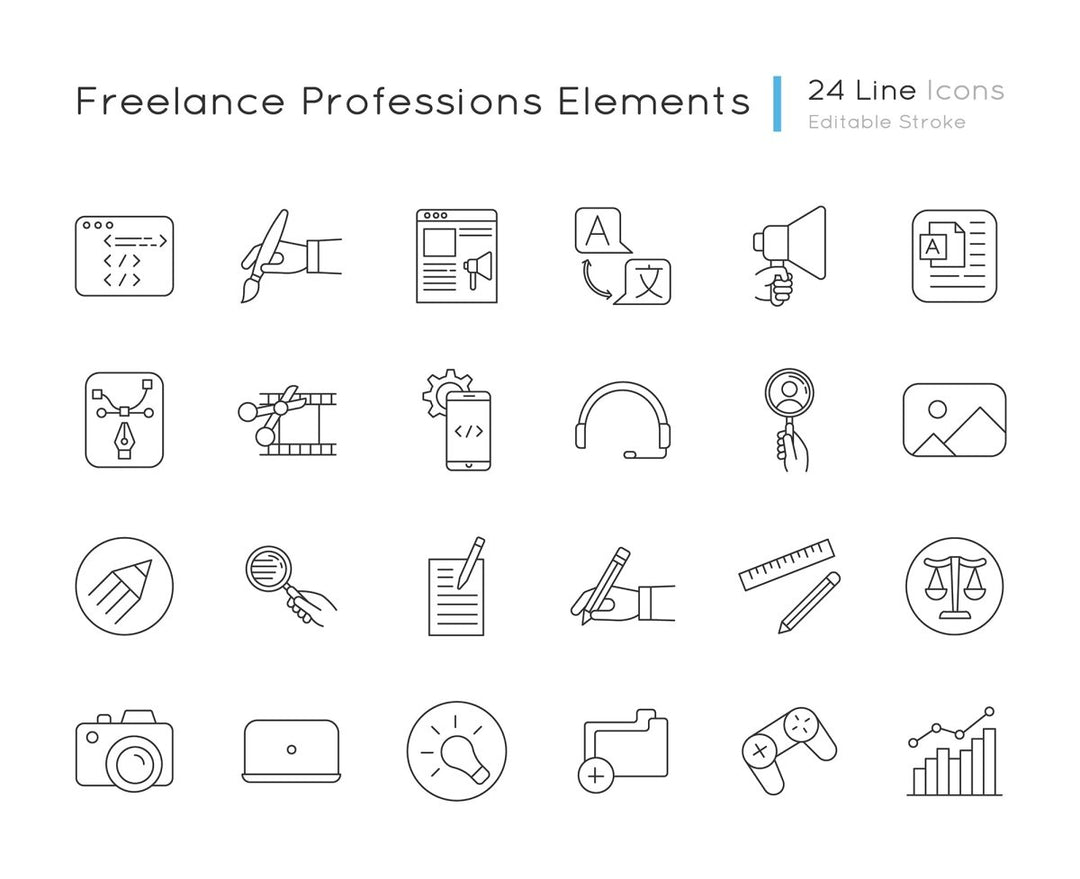 Freelance professions elements pixel perfect linear icons set