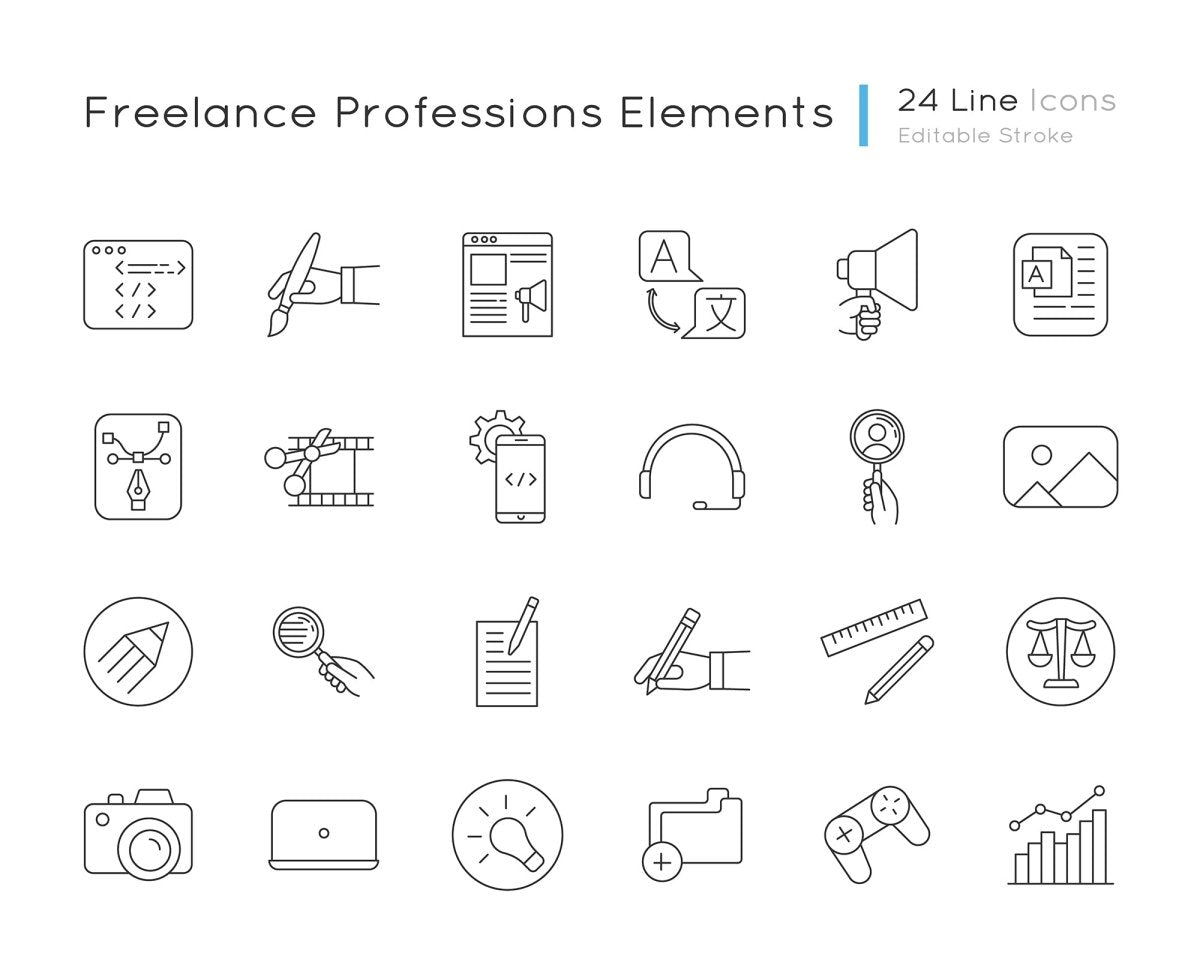 Freelance professions elements pixel perfect linear icons set