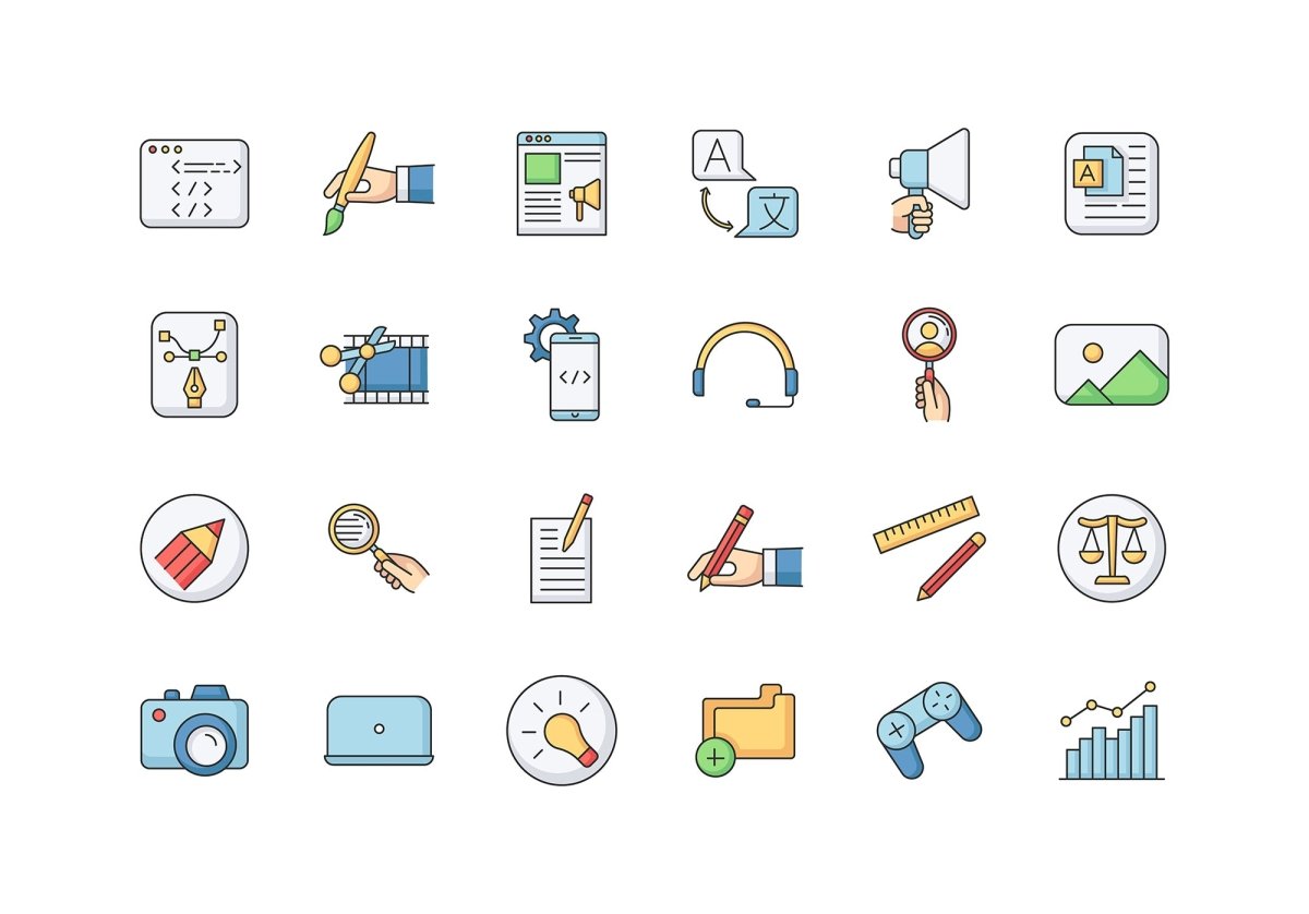 Freelance professions elements RGB color icons set