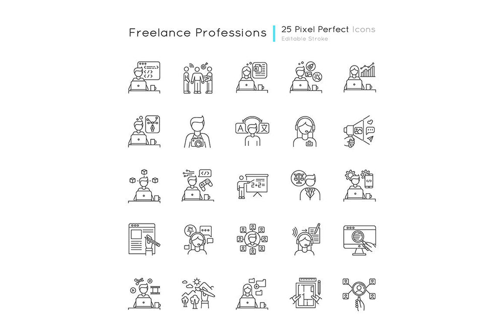 Freelance professions pixel perfect linear icons set