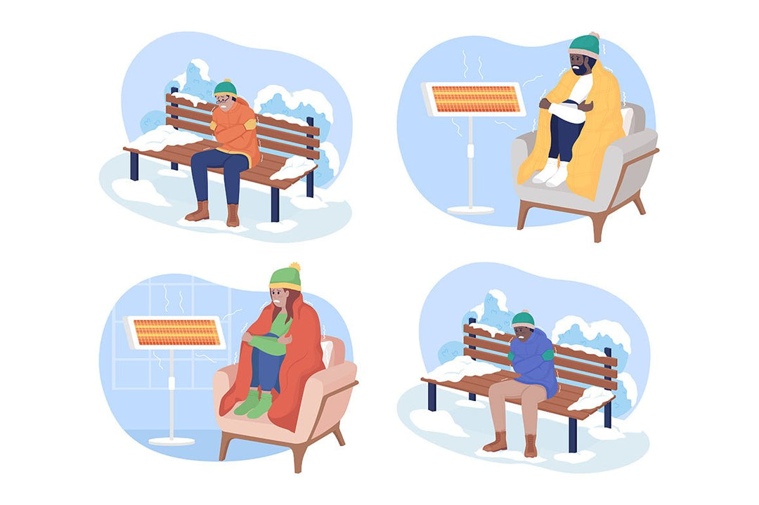 Freezing in cold weather 2D vector isolated illustration set