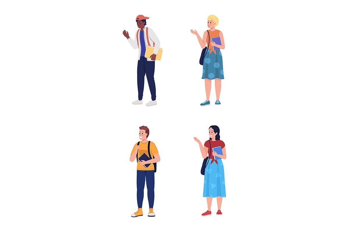 Friendly high schoolers semi flat color vector characters set