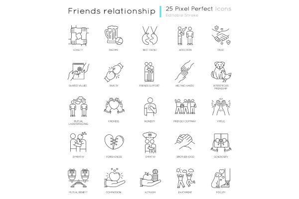 Friendly relationship pixel perfect linear icons set