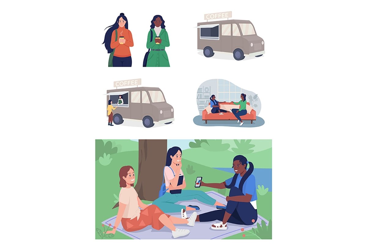 Friends on picnic flat color vector illustrations set