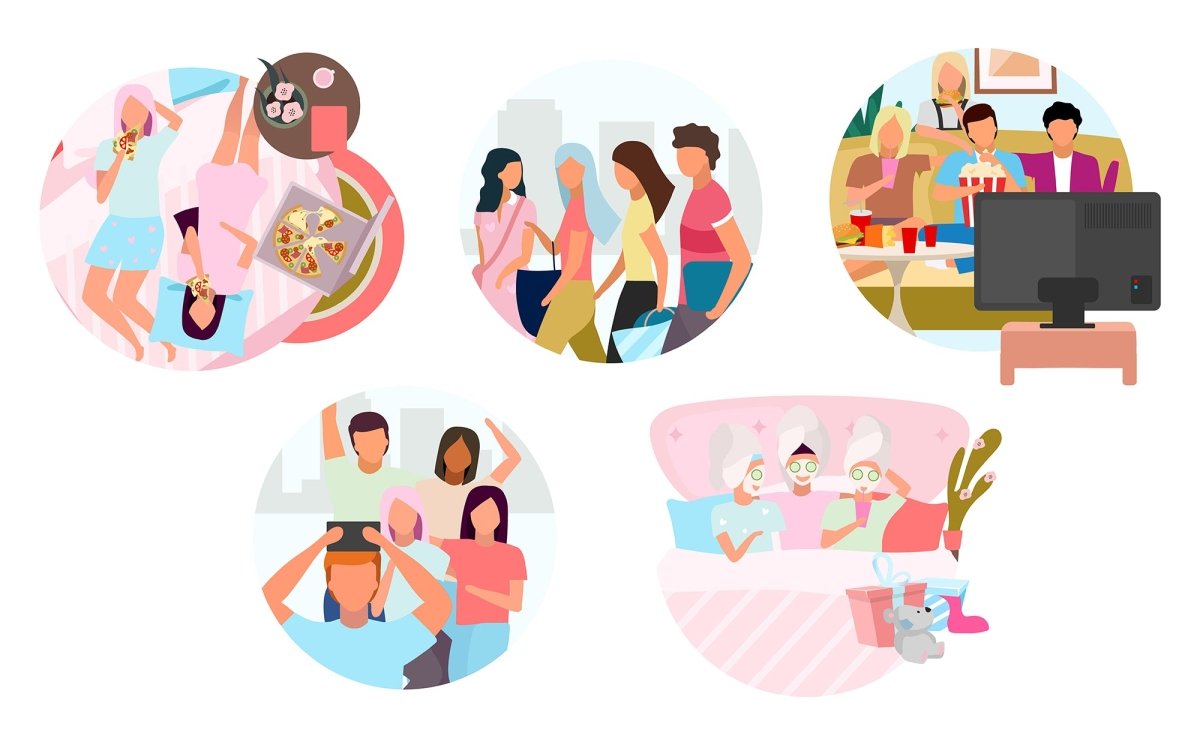 Friends pastime together flat concept icons set