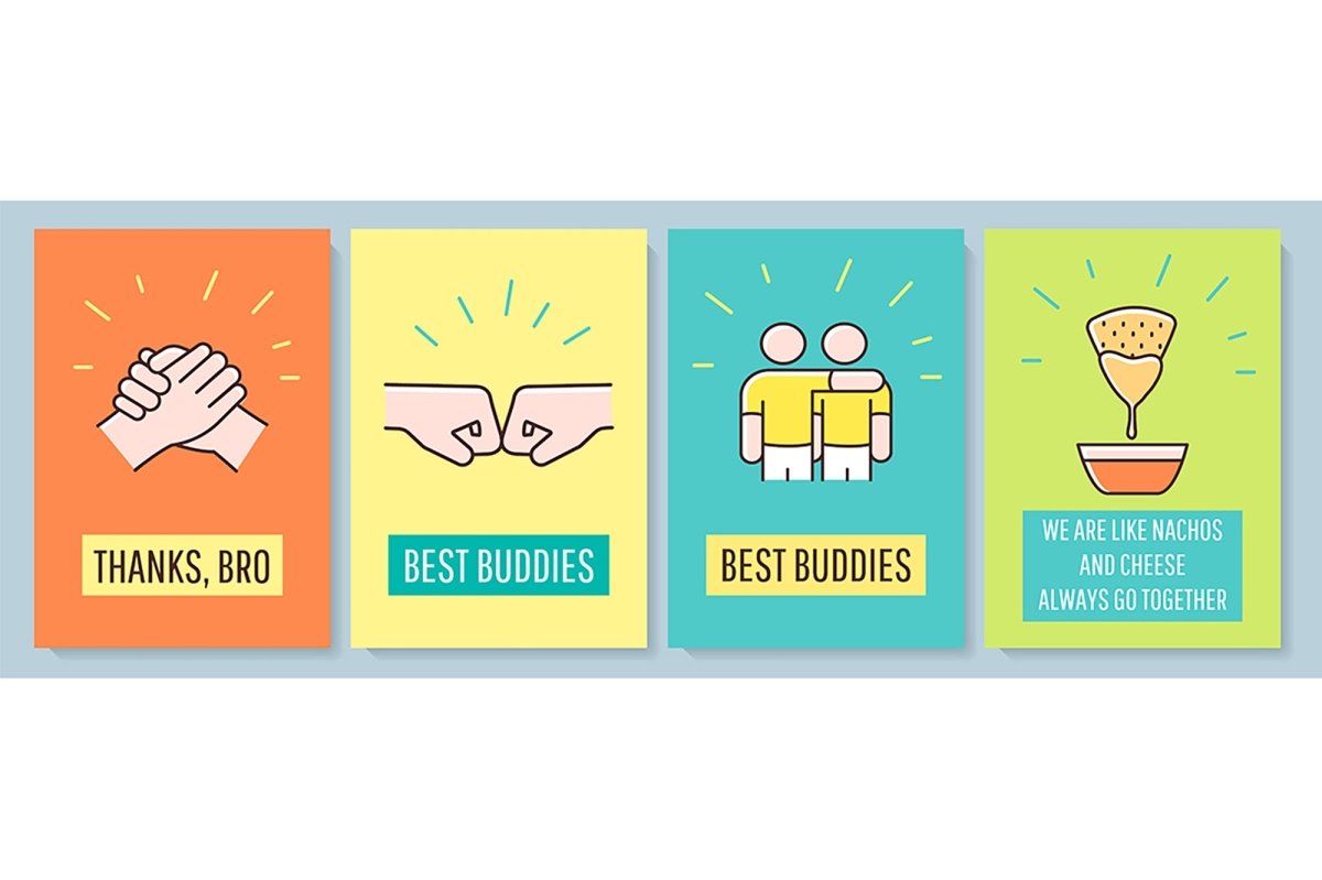 Friendship celebration greeting card with color icon element set