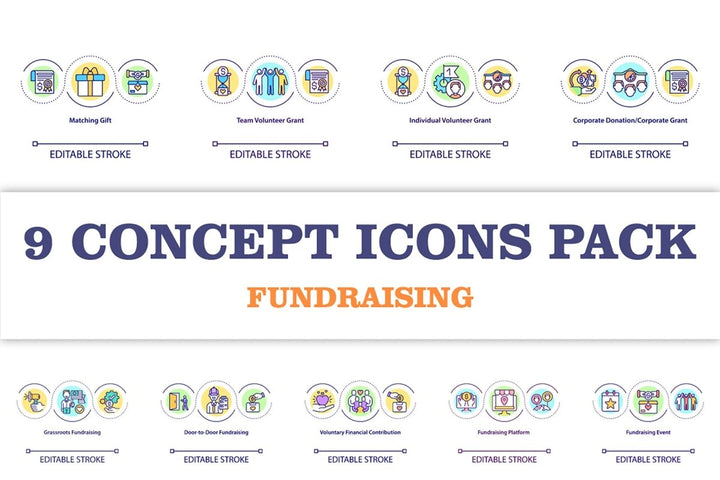 Fundraising concept icons set