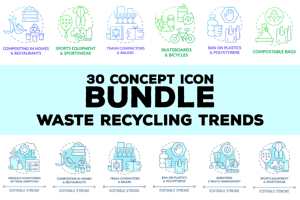 Garbage recycling trends concept icons bundle