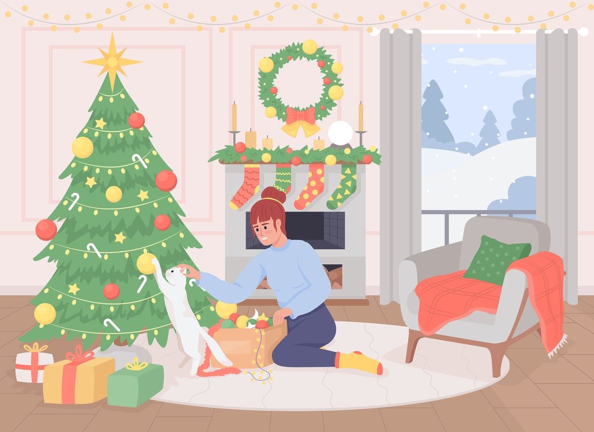 Girl decorating tree flat color vector illustration