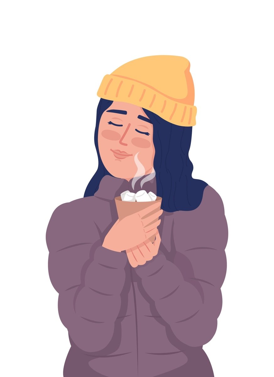 Girl in winter outfit enjoying hot chocolate outdoor semi flat color vector character