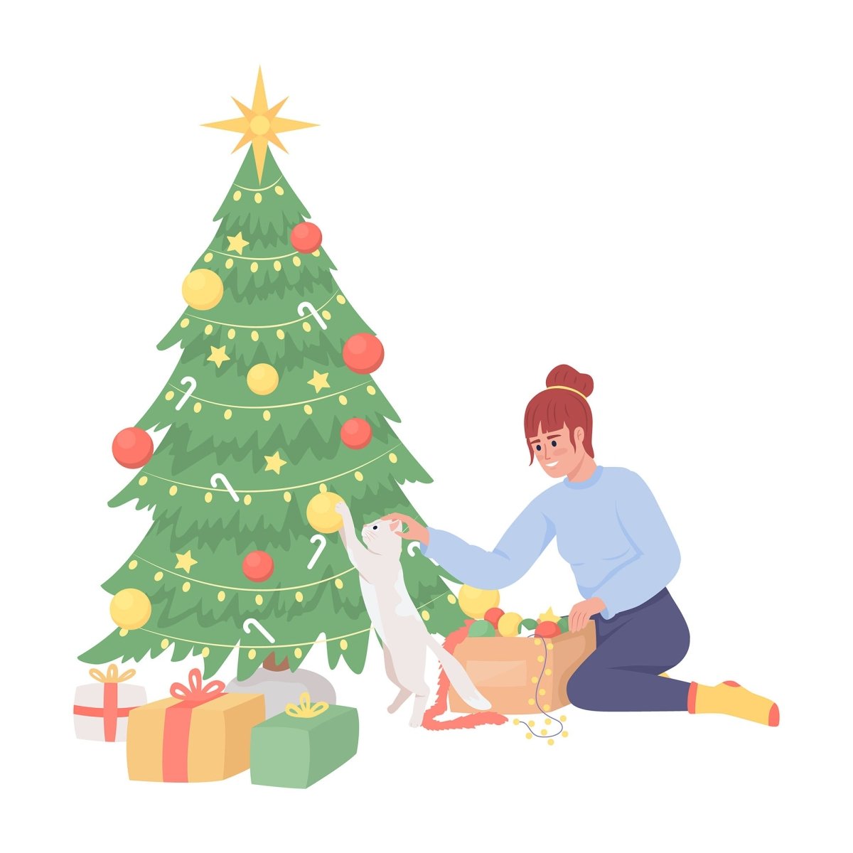 Girl keeping cat away from messing with Christmas tree semi flat color vector characters