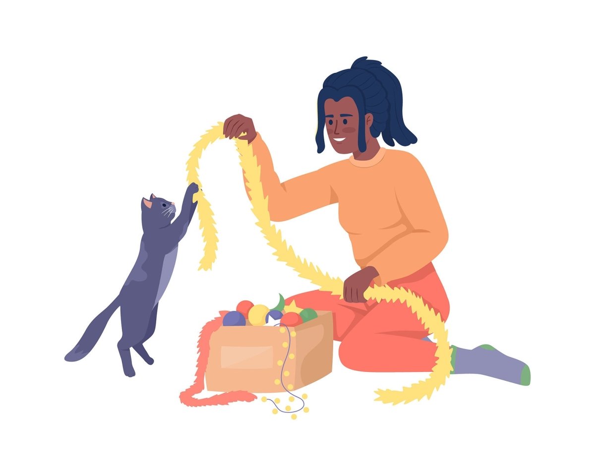 Girl playing with cat using Christmas ornament semi flat color vector character