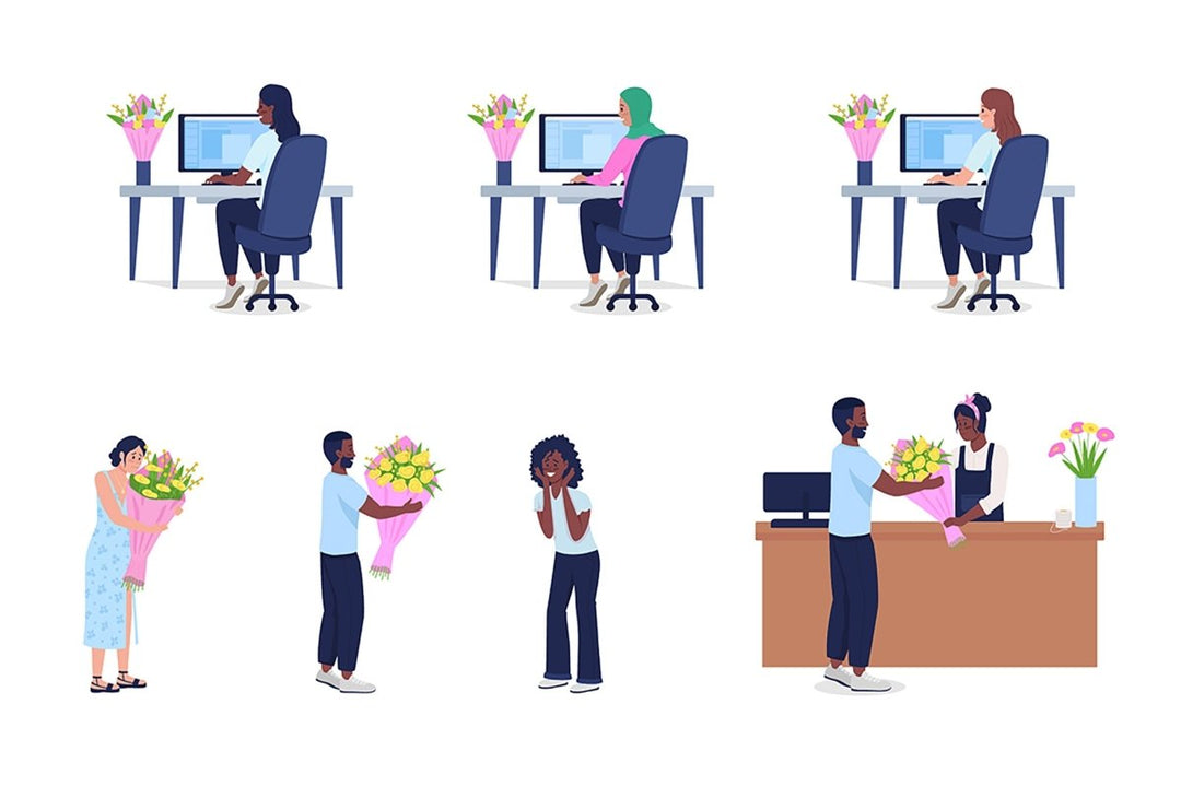 Giving and receiving bouquet semi flat color vector character set
