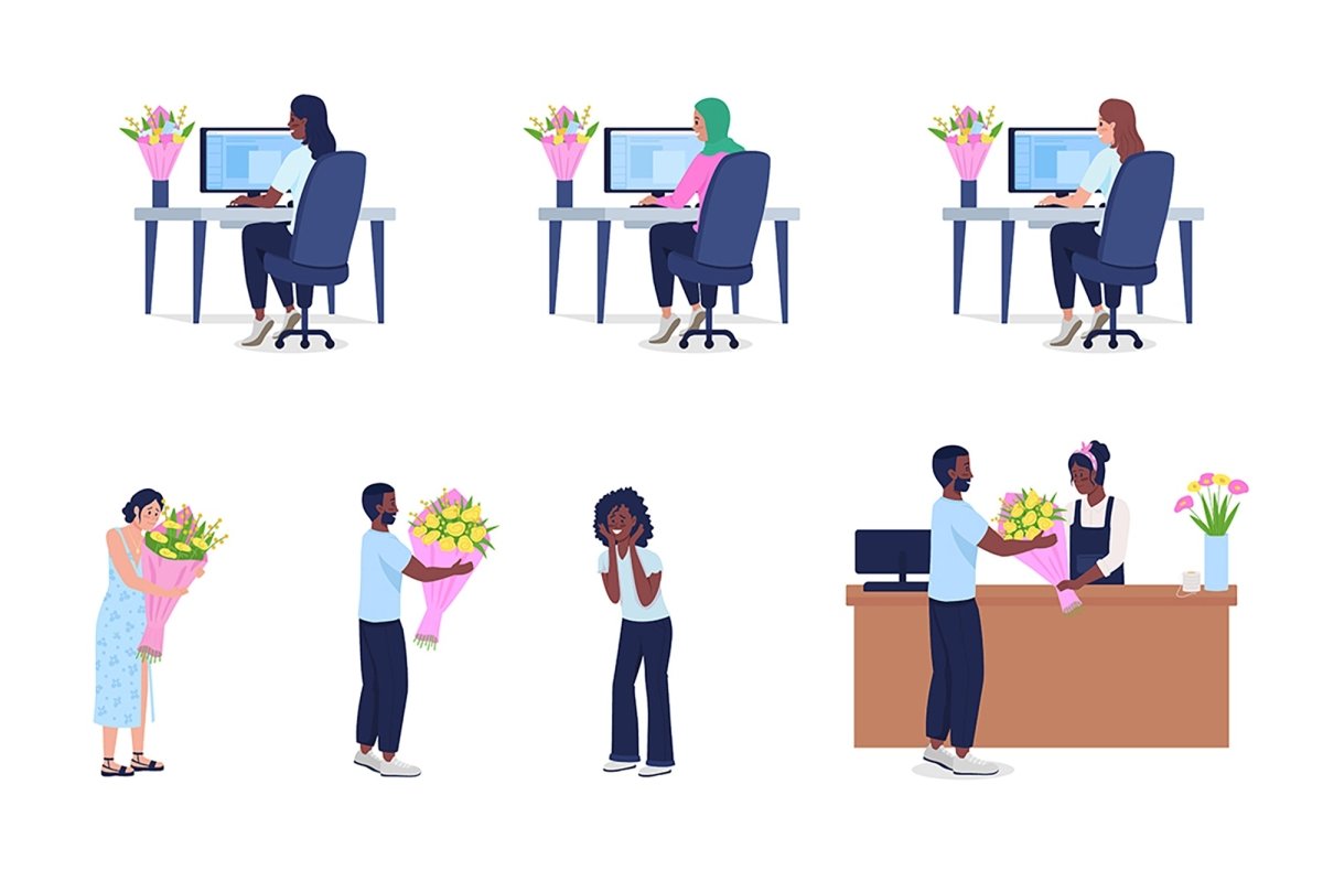 Giving and receiving bouquet semi flat color vector character set