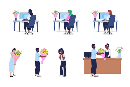 Giving and receiving bouquet semi flat color vector character set