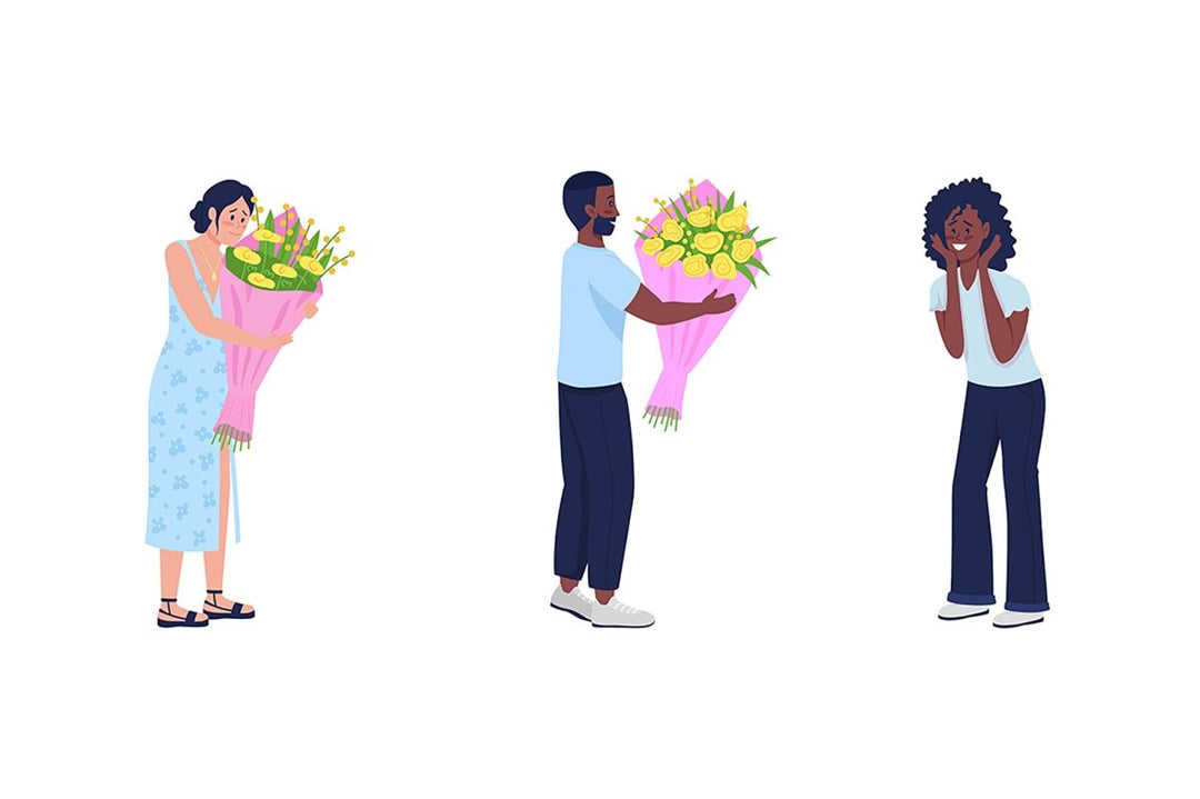 Giving and receiving bouquet semi flat color vector character set