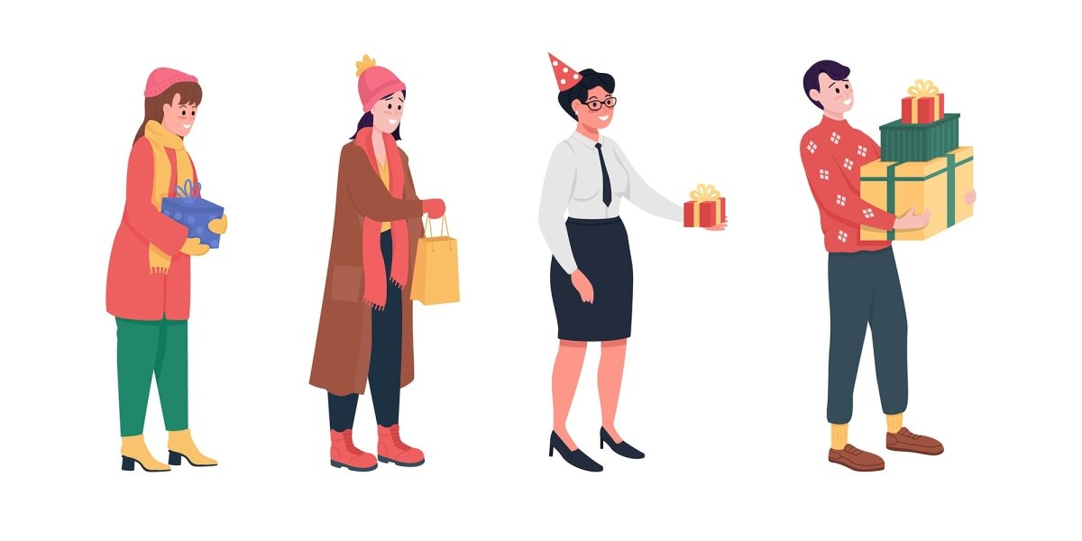 Giving gifts semi flat color vector characters set