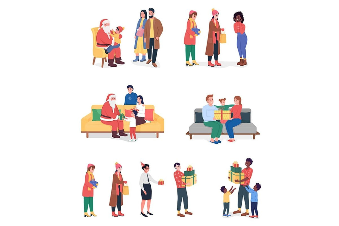 Giving gifts semi flat color vector characters set