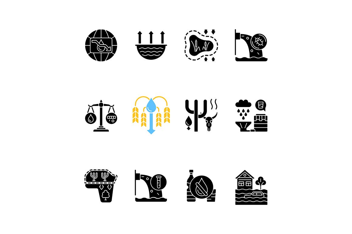 Global water crisis black glyph icons set on white space