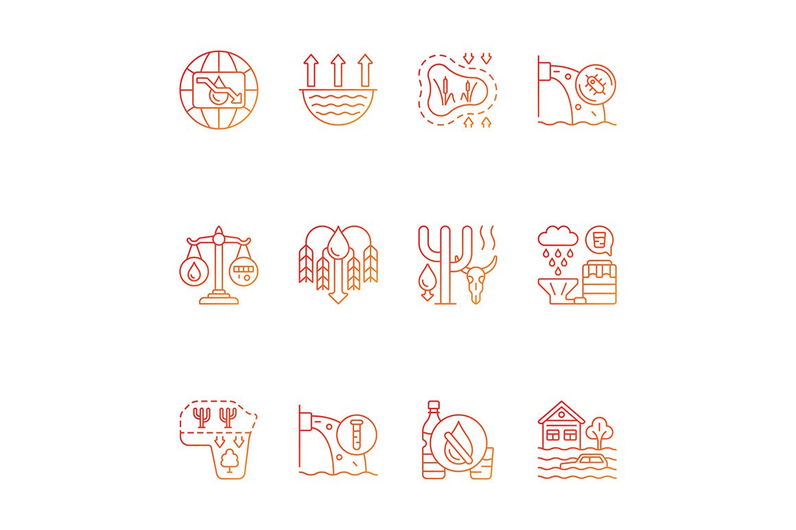 Global water crisis gradient linear vector icons set