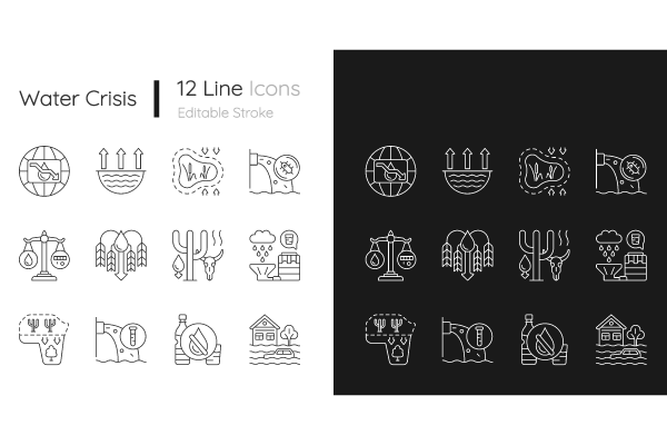 Global water crisis linear icons set for dark and light mode