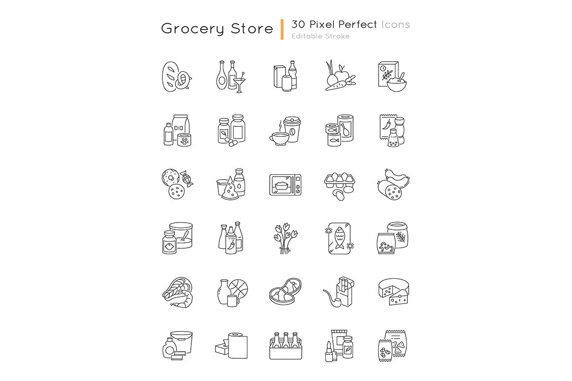Groceries category pixel perfect linear icons set