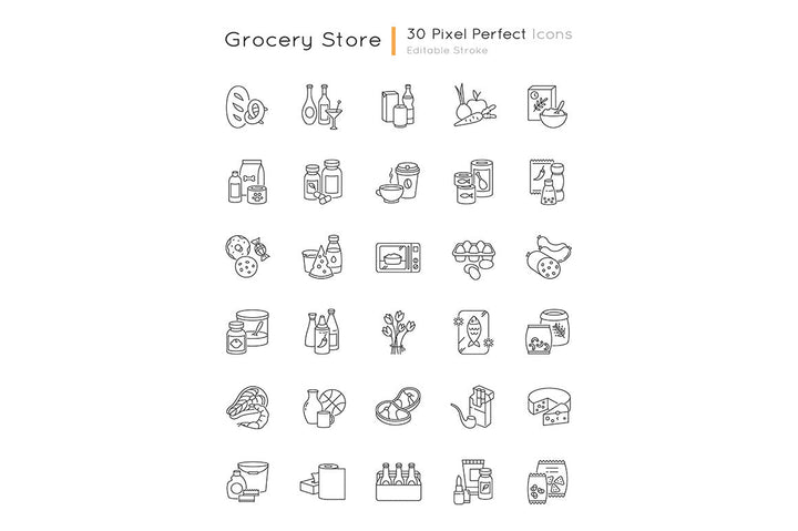 Groceries category pixel perfect linear icons set