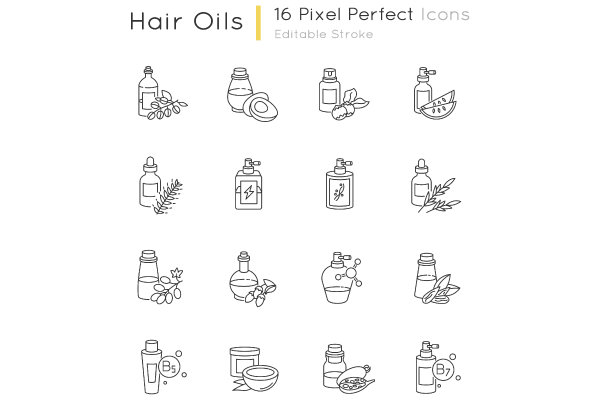 Hair oils pixel perfect linear icons set