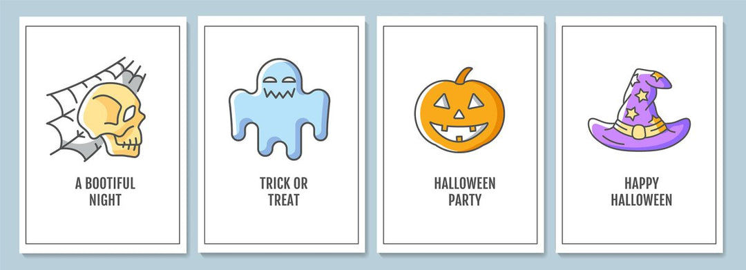 Halloween celebration greeting cards with color icon element set