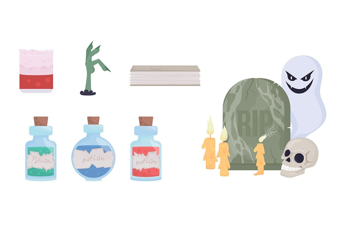 Halloween decorations semi flat color vector item set