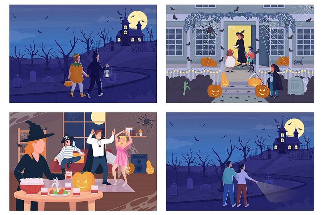 Halloween night celebration flat color vector illustration set