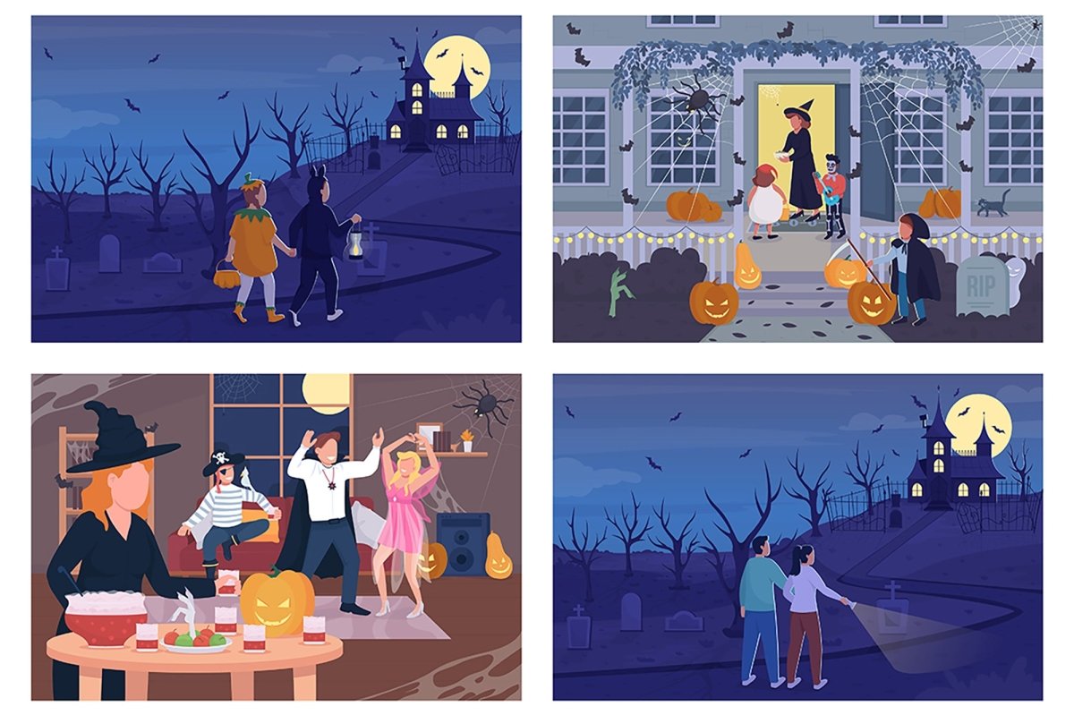 Halloween night celebration flat color vector illustration set